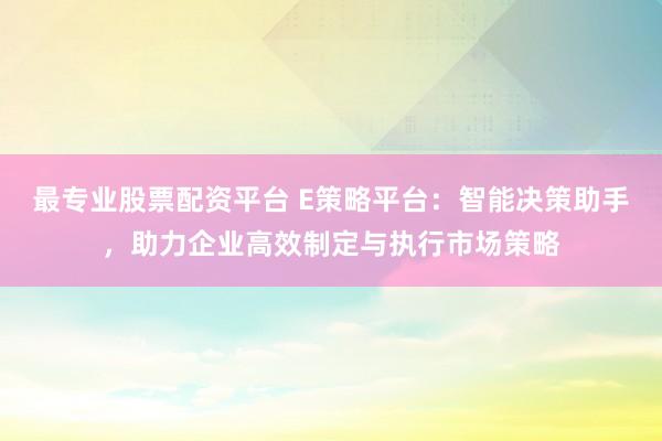 最专业股票配资平台 E策略平台：智能决策助手，助力企业高效制定与执行市场策略